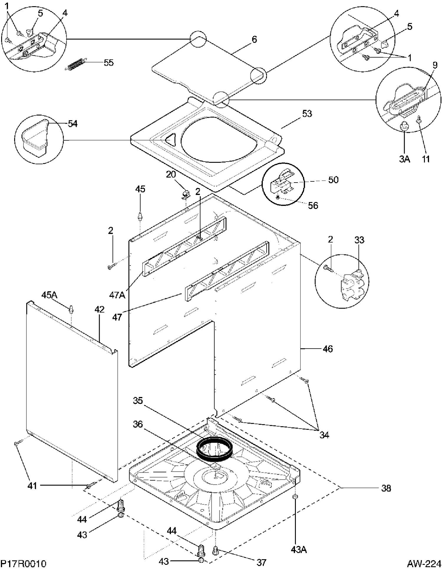 LOWER CABINET / TOP Diagram and Parts List for 52750-5  General Electric Washer