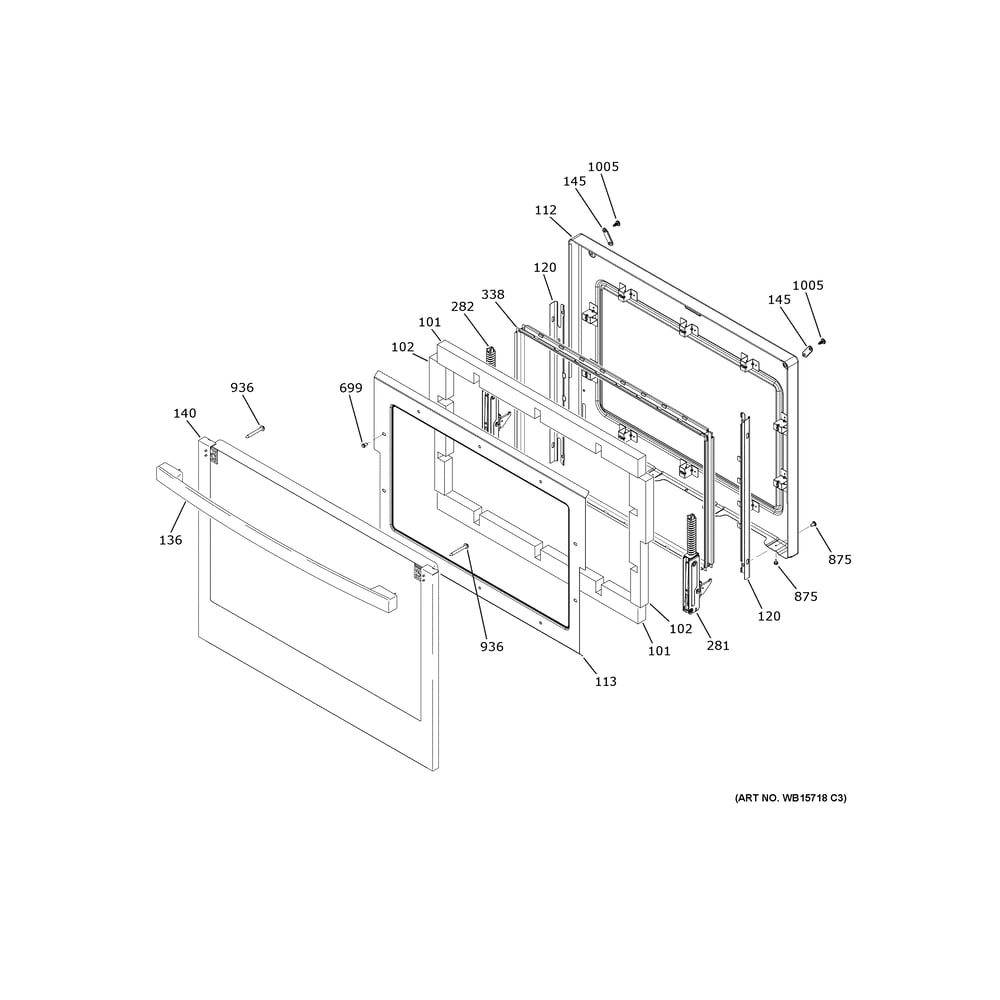 Upper Door Diagram and Parts List for JTD5000EV2ES  General Electric Wall Oven