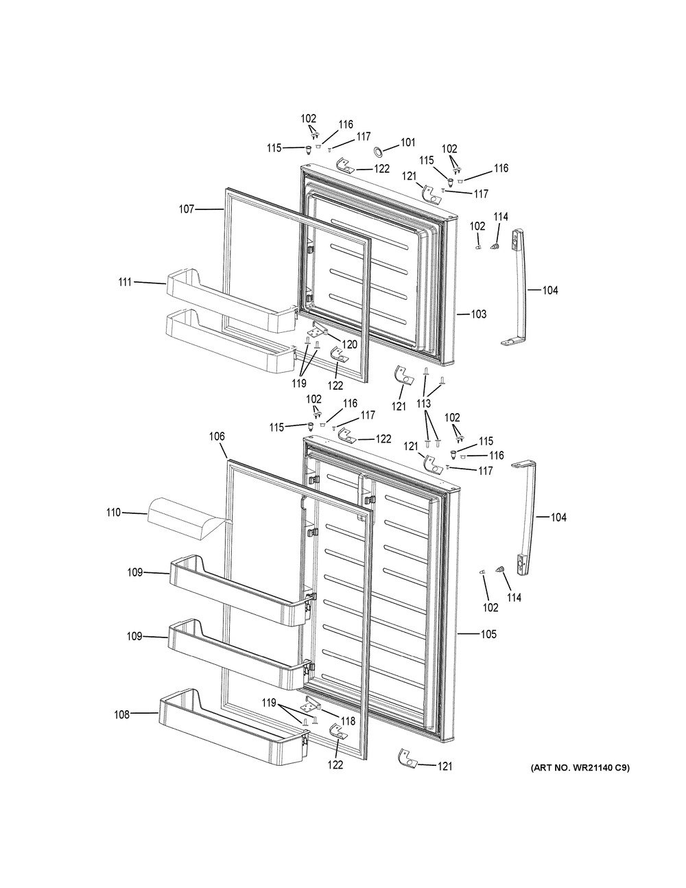 Doors Diagram and Parts List for HRT18RCWW1  General Electric Refrigerator