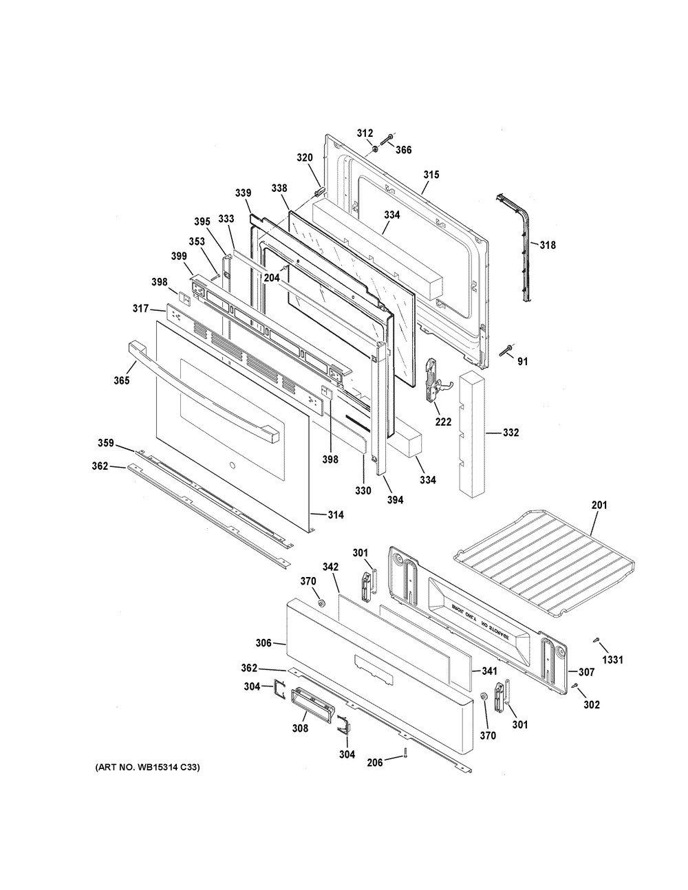 Door And Drawer Parts Diagram and Parts List for JGBS30RET2SS  General Electric Range