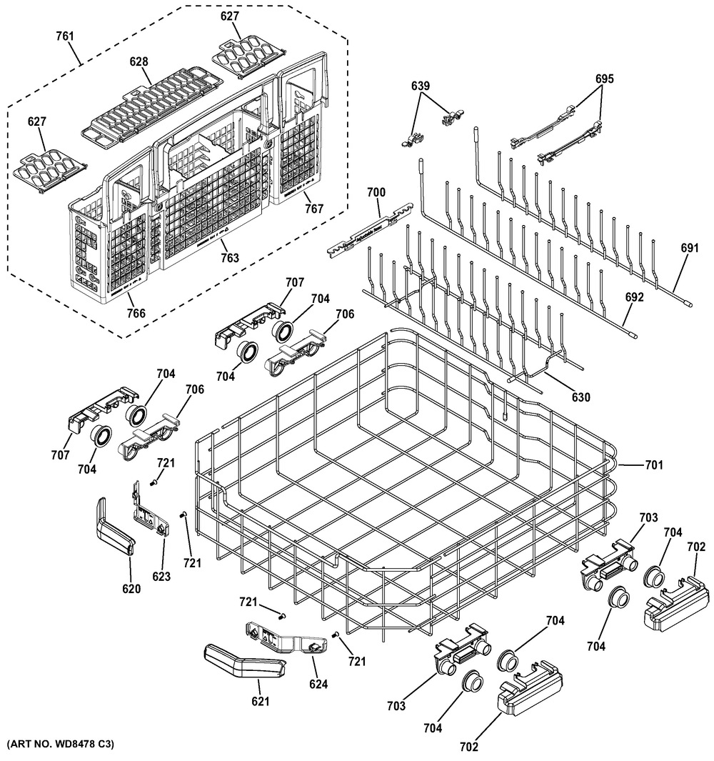 Lower Rack Asm Diagram and Parts List for GFMS170EH1WW  General Electric Dishwasher