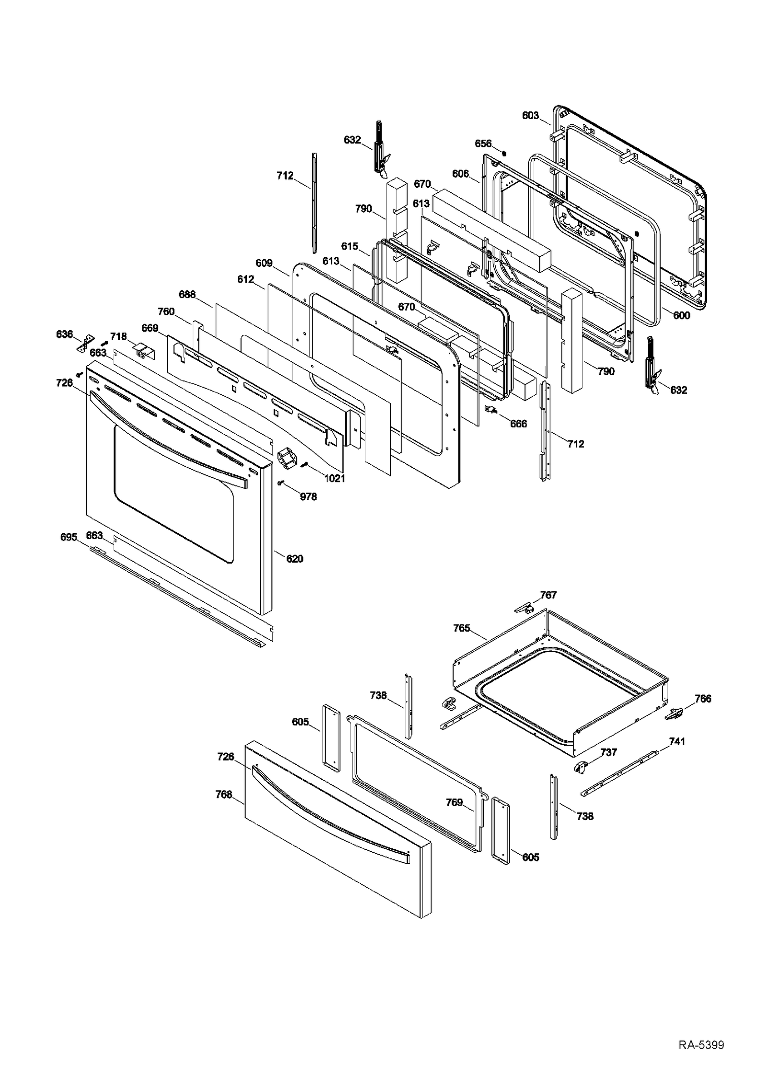 DOOR & DRAWER Diagram and Parts List for JCBP820ST3SS  General Electric Range