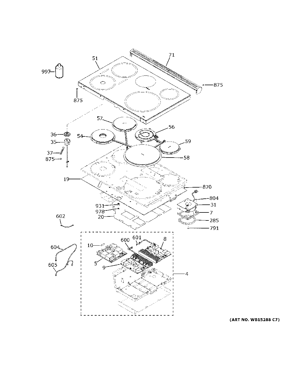 Cooktop Diagram and Parts List for PHS93XYP2FS  General Electric Range