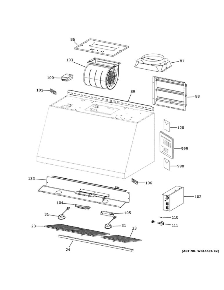 Range Hood Diagram and Parts List for CVW93644P1WM  General Electric Range Hood