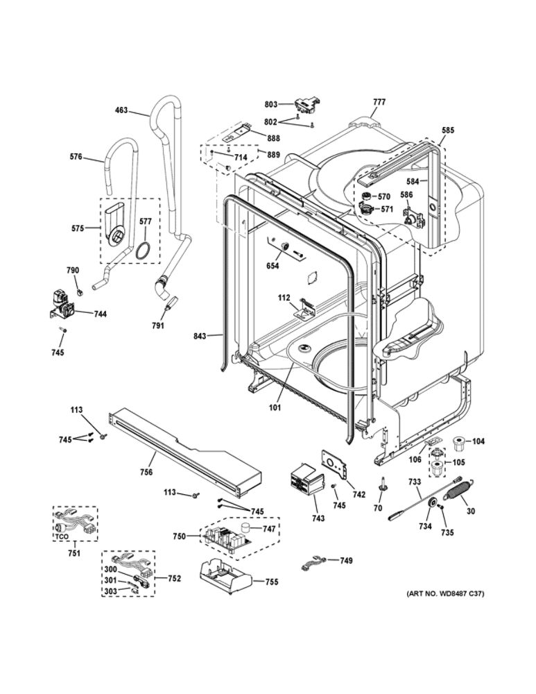 Body Parts Diagram and Parts List for GDF530PSM2SS  General Electric Dishwasher