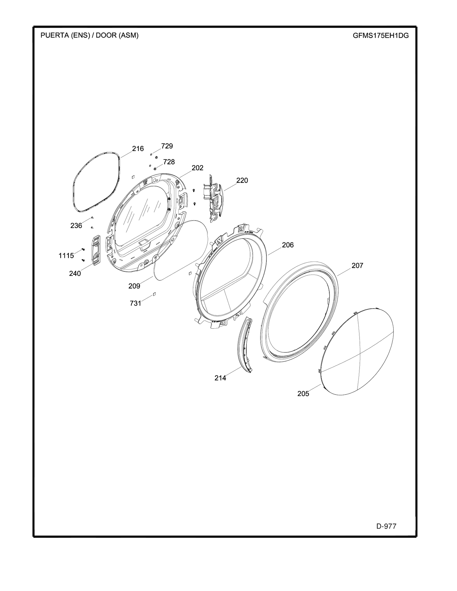 DOOR ASM Diagram and Parts List for GFMS175EH1DG  General Electric Dryer