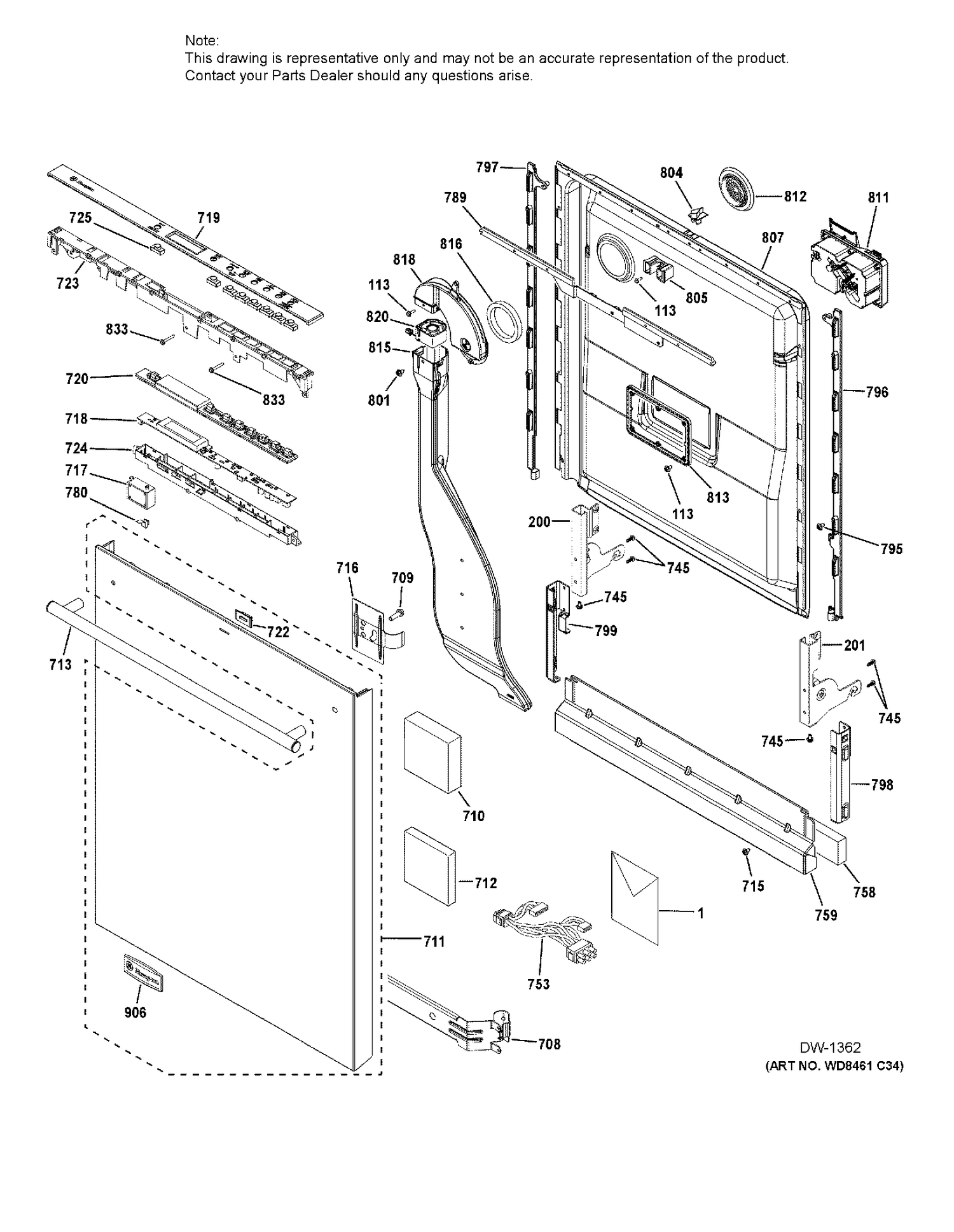 ESCUTCHEON & DOOR ASM Diagram and Parts List for ZDT870SSF1SS  General Electric Dishwasher