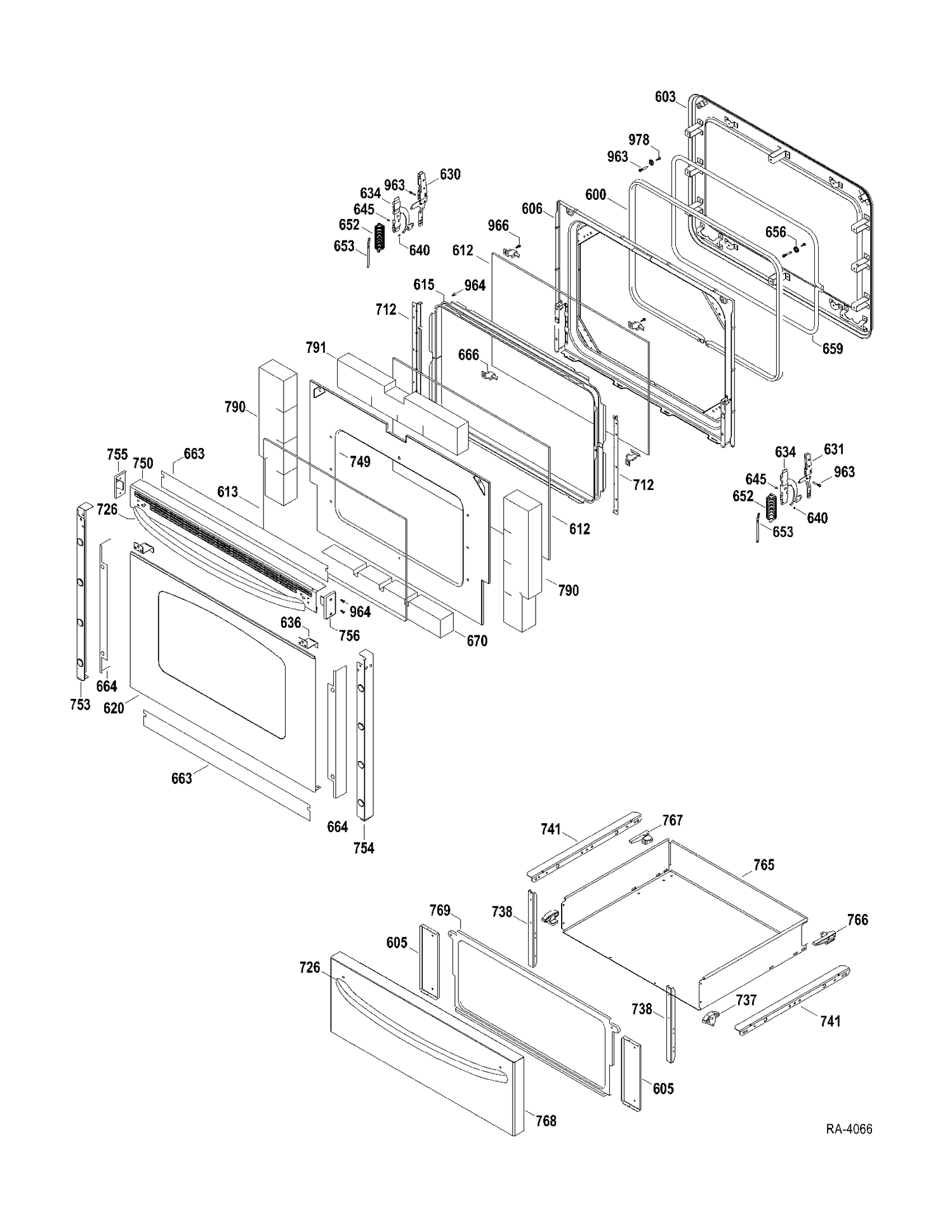 DOOR-DRAWER Diagram and Parts List for JCBP67SP4SS  General Electric Range