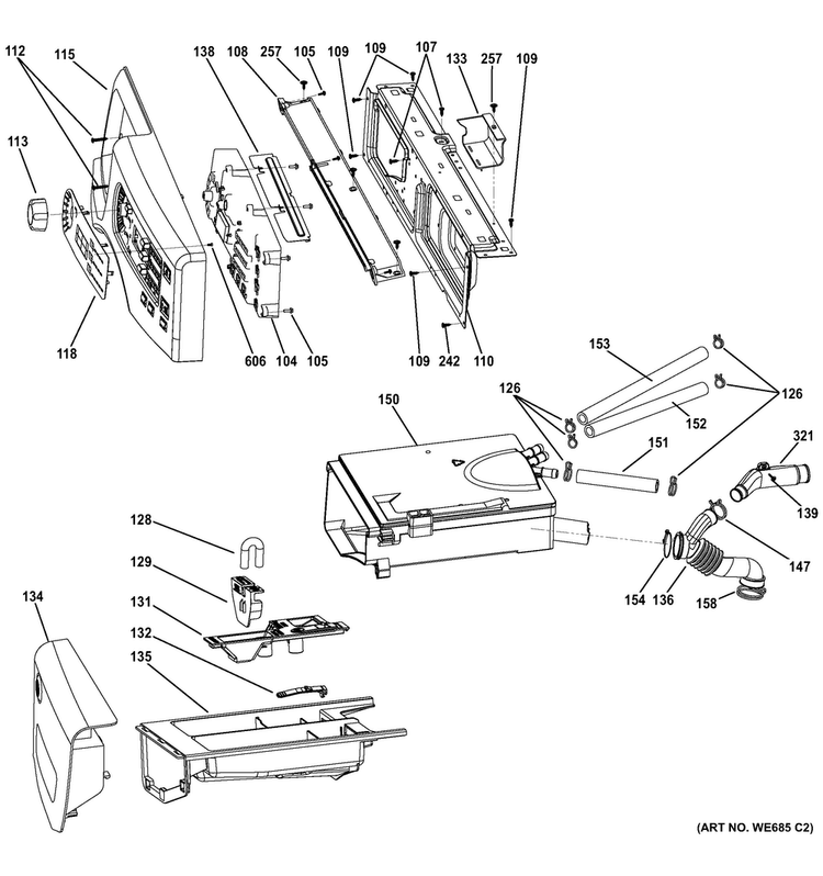 Controls & Dispenser Diagram and Parts List for GFWN1300J0WW  General Electric Washer