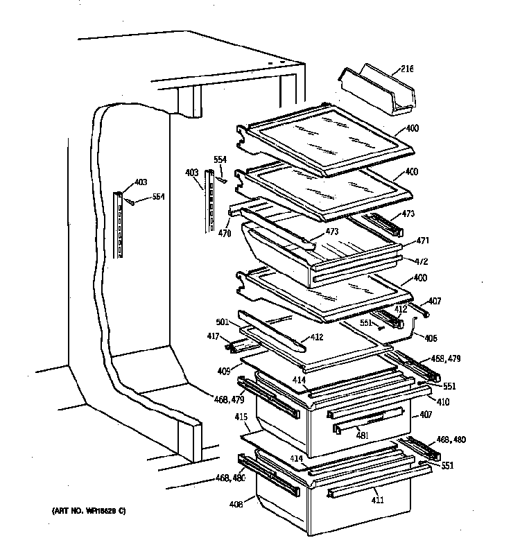 Fresh Food Shelves Diagram and Parts List for 36359575991  General Electric Refrigerator