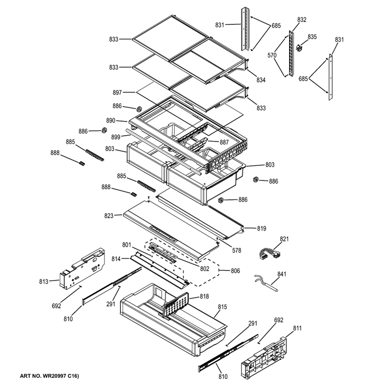 Fresh Food Shelves Diagram and Parts List for CYE22TSHCSS  General Electric Refrigerator