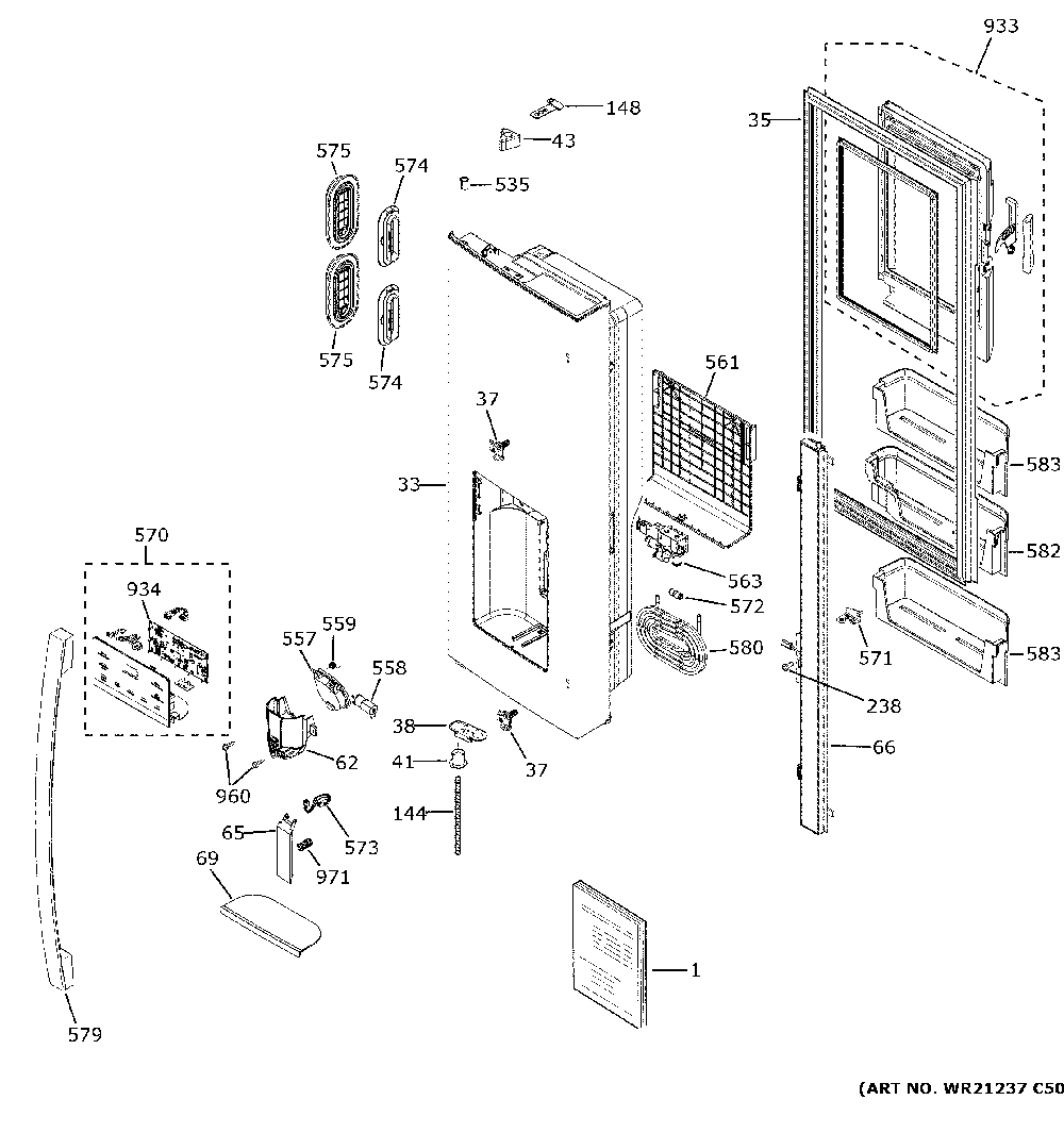 Dispenser Door Diagram and Parts List for GFE26JEMPFDS  General Electric Refrigerator