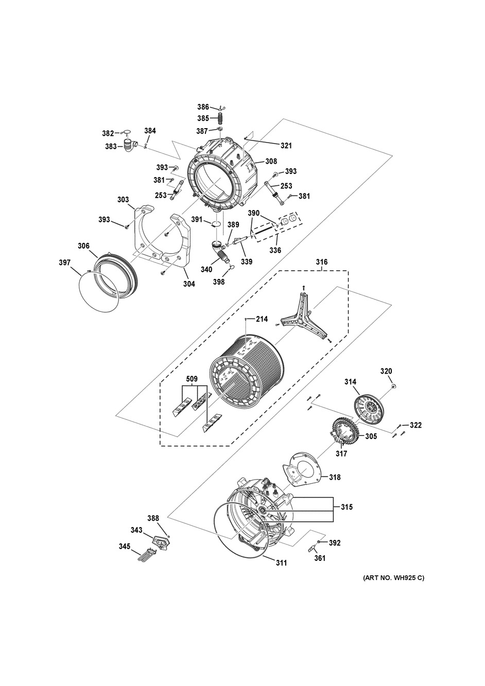 Tub & Motor Diagram and Parts List for WCVH4800K3WW  General Electric Washer