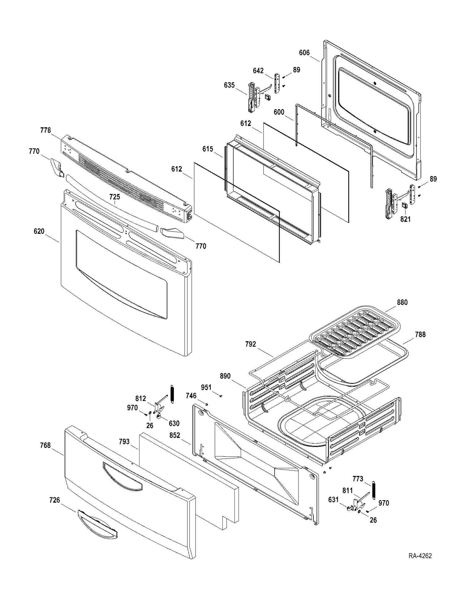 DOOR-DRAWER Diagram and Parts List for JGAS730EL2WW  General Electric Range