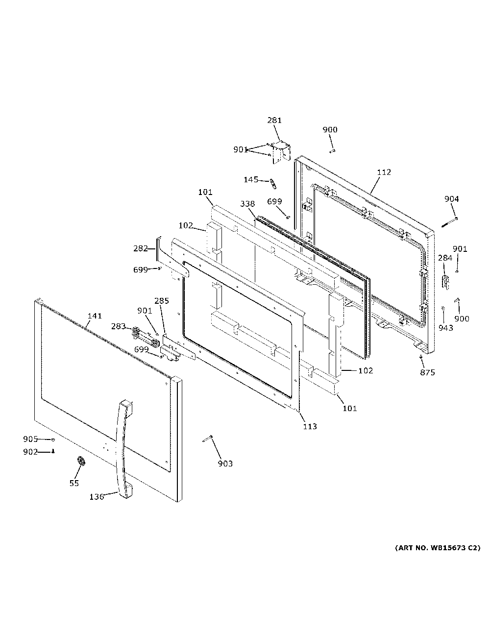 Lower Door Diagram and Parts List for PTD700LSN2SS  General Electric Wall Oven