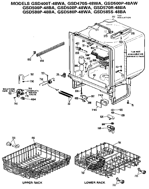 Tub Assembly Diagram and Parts List for GSD580P-48WA  General Electric Dishwasher