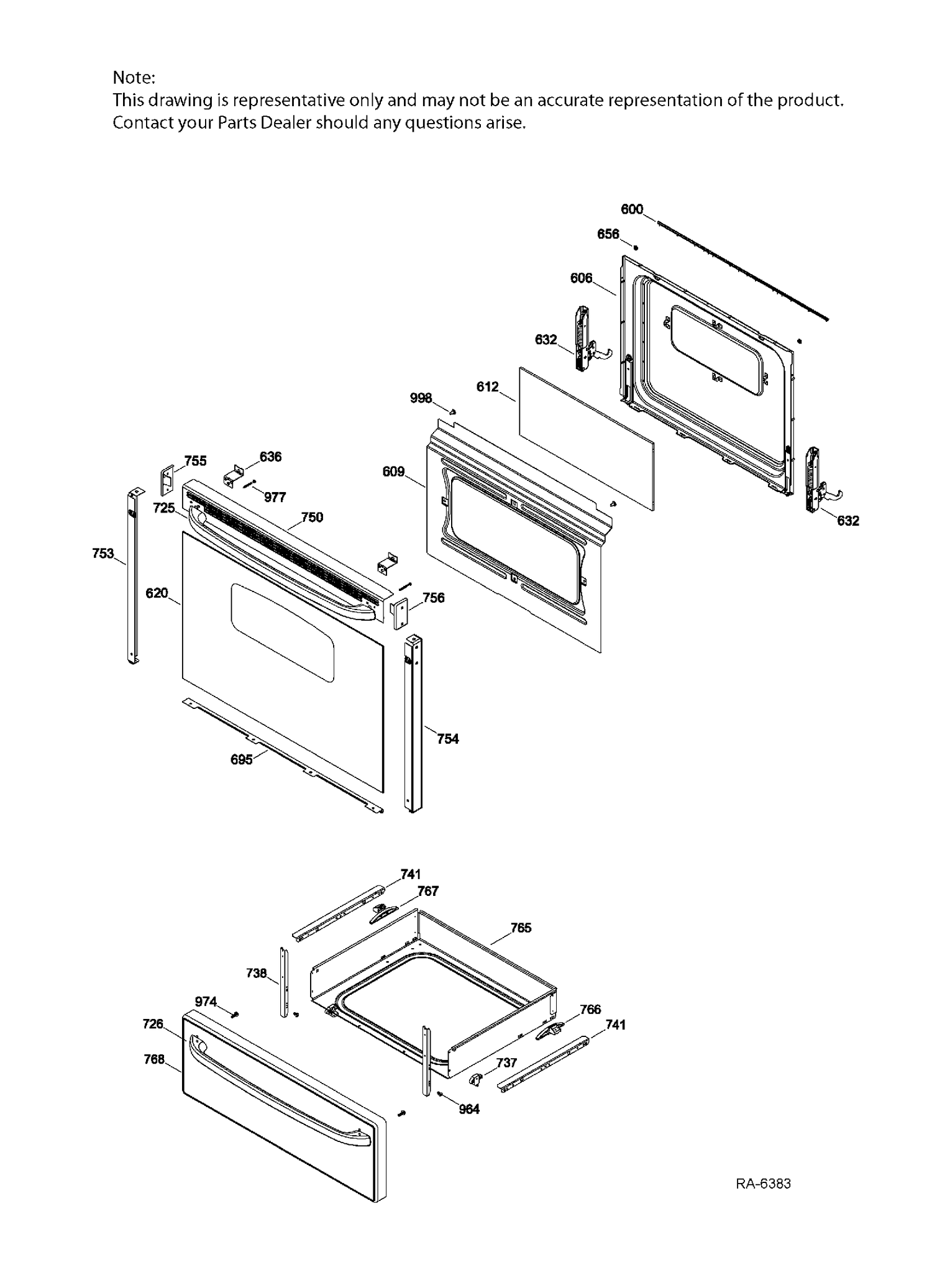 DOOR & DRAWER PARTS Diagram and Parts List for JCBS250ST4SS  General Electric Range