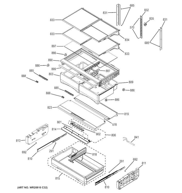 Fresh Food Shelves Diagram and Parts List for GFE28HMHFES  General Electric Refrigerator