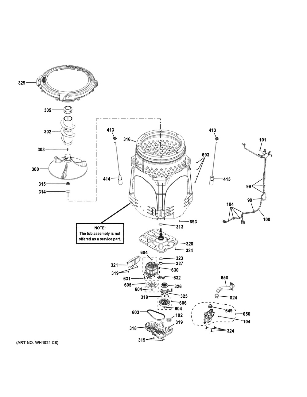 Tub & Motor Diagram and Parts List for GTW685BSL1WS  General Electric Washer
