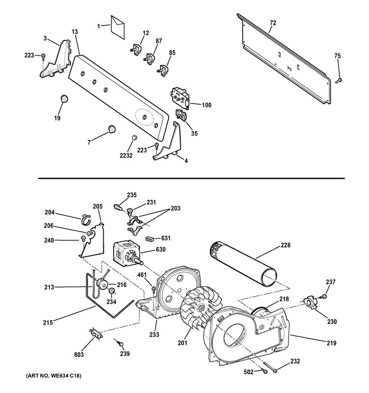 Backsplash, Blower & Motor Assembly Diagram and Parts List for GTDP280EH1WS  General Electric Dryer