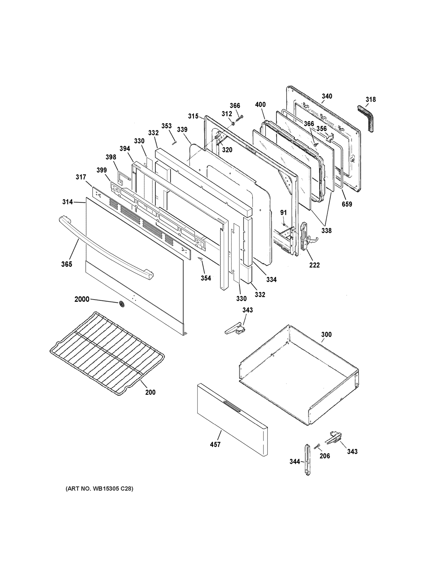 DOOR & DRAWER PARTS Diagram and Parts List for JB255RK3SS  General Electric Range