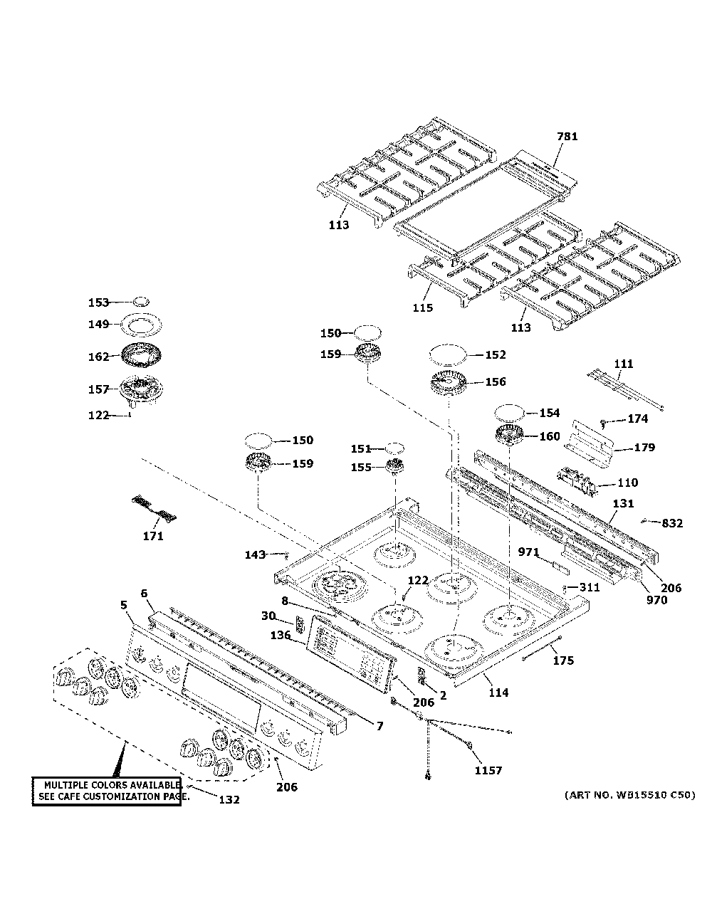 Control Panel And Cooktop Diagram and Parts List for CGS700P4M3W2  General Electric Range