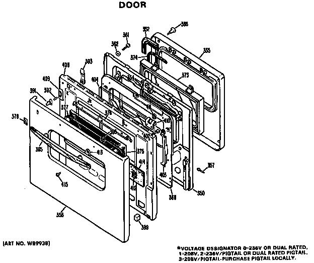 Door Diagram and Parts List for JKP27*D2  General Electric Wall Oven