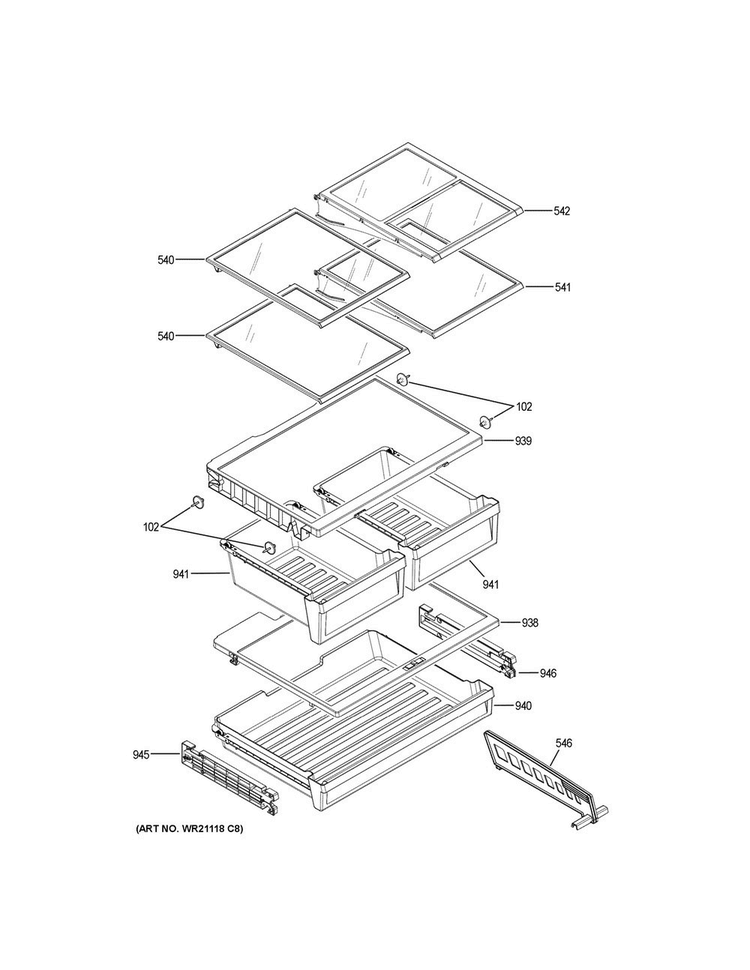 Fresh Food Shelves Diagram and Parts List for GNE25JGKCFBB  General Electric Refrigerator