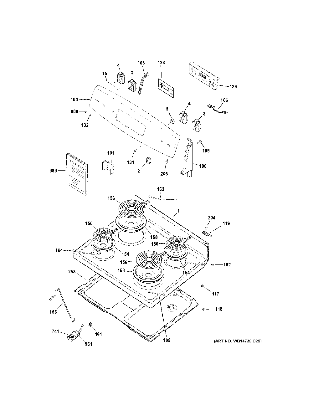 Control Panel And Cooktop Diagram and Parts List for JB256RT2SS  General Electric Range