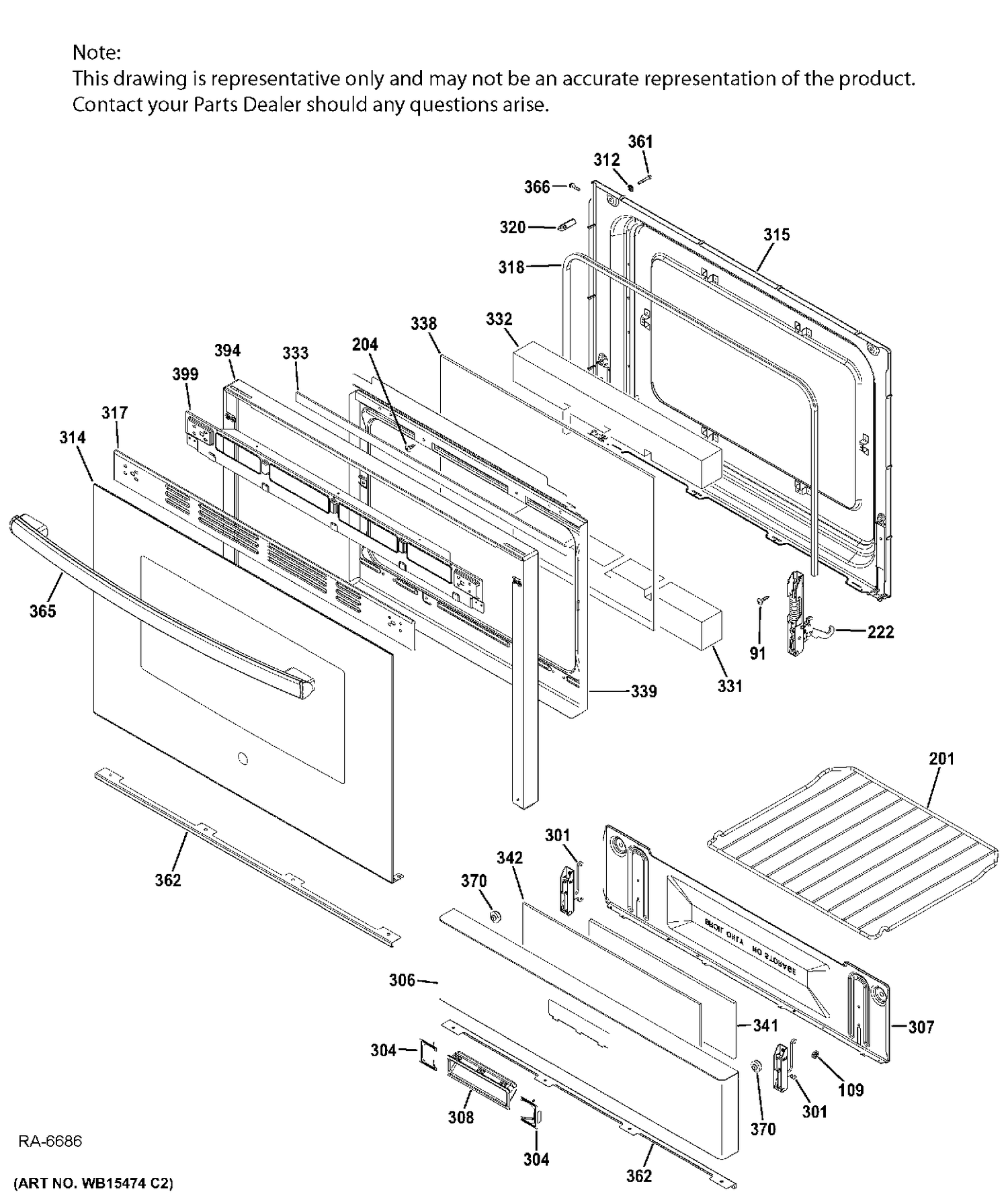 DOOR & DRAWER Diagram and Parts List for JCGBS66EEK1ES  General Electric Range
