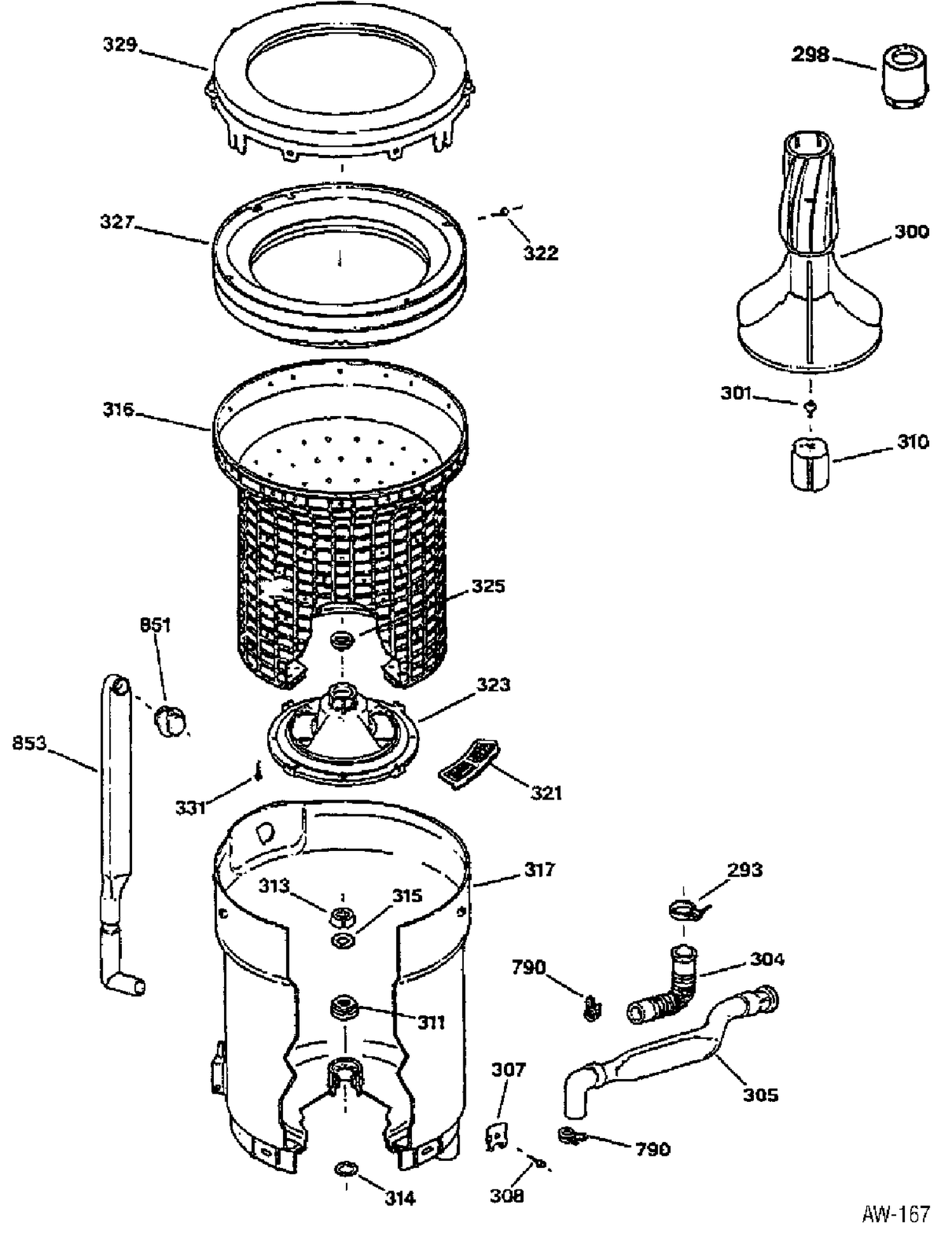 TUB, BASKET & AGITATOR Diagram and Parts List for 58221TAWW  General Electric Washer