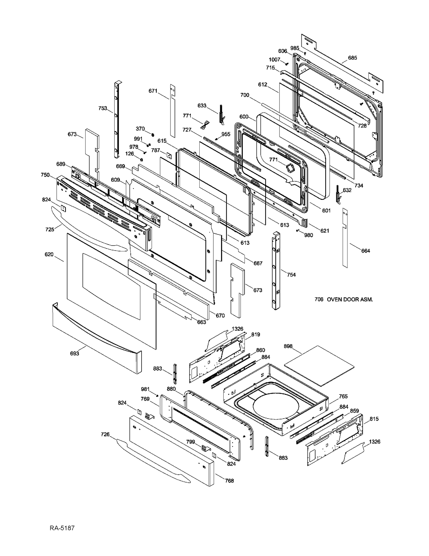 DOOR & DRAWER Diagram and Parts List for PCS905SR2SS  General Electric Range