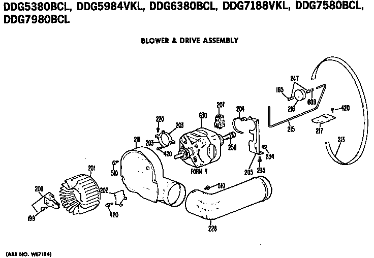 Blower And Drive Assembly Diagram and Parts List for DDG7188VKL  General Electric Dryer