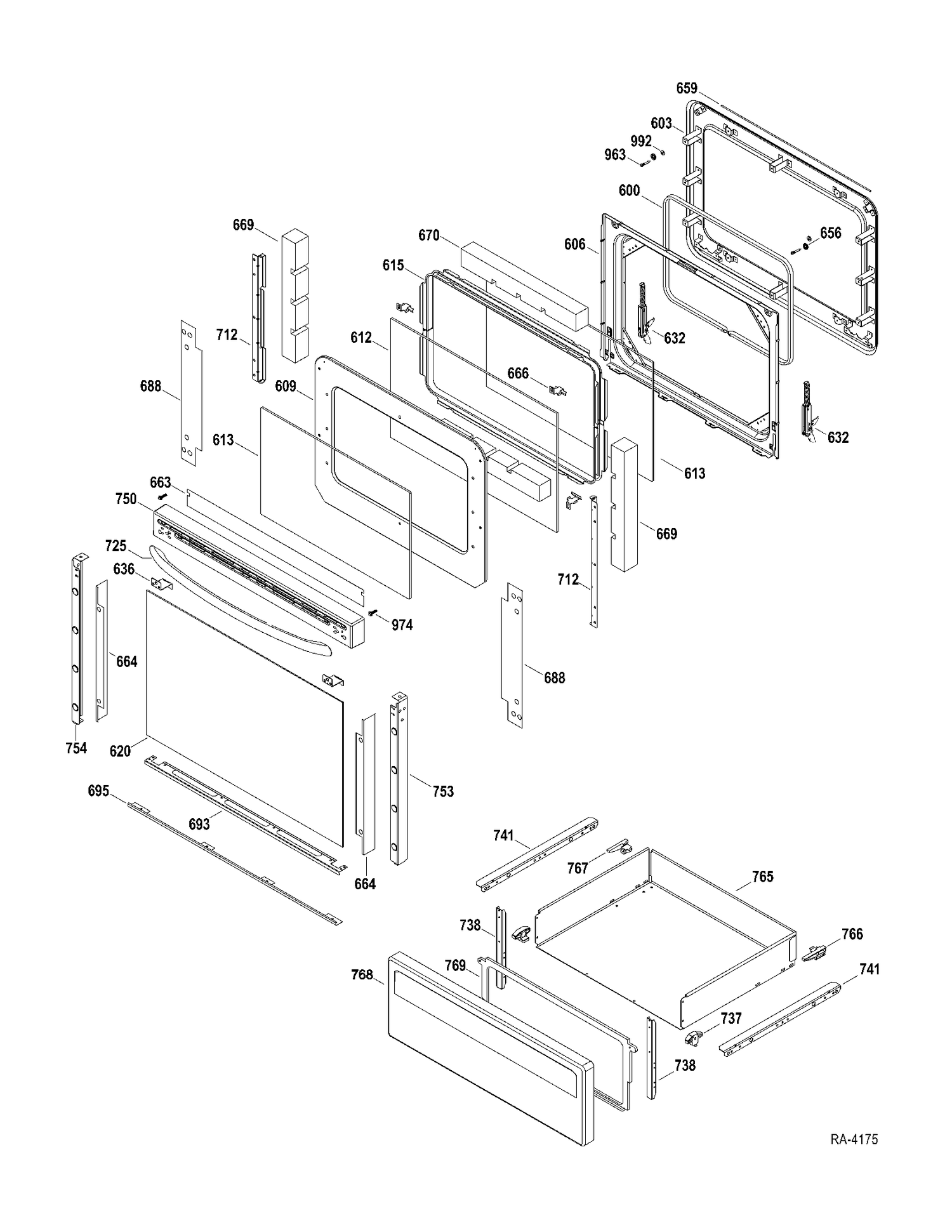 DOOR-DRAWER Diagram and Parts List for JCBP780DT1WW  General Electric Range
