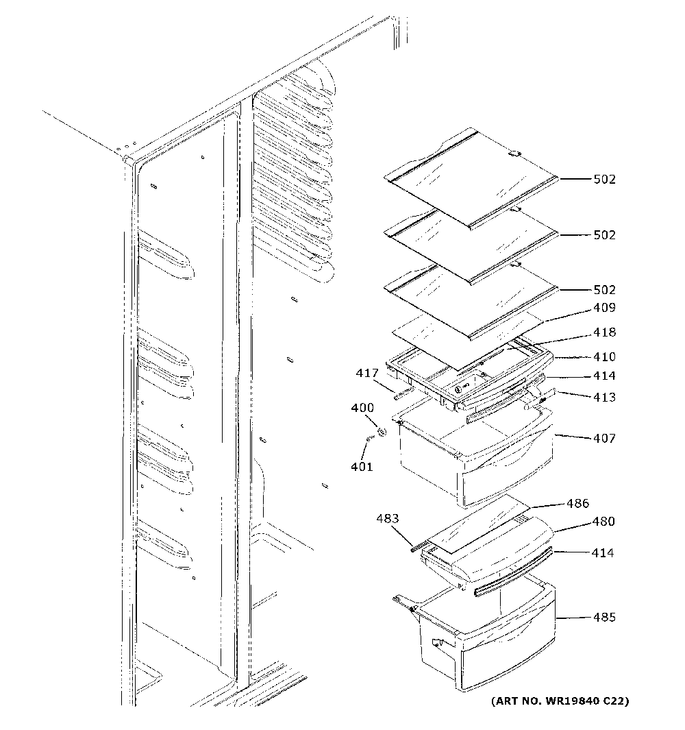 Fresh Food Shelves Diagram and Parts List for GSE23GYPBCFS  General Electric Refrigerator