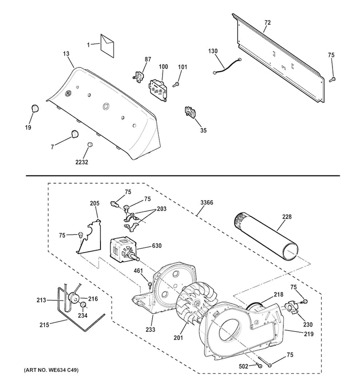 Backsplash, Blower & Motor Assembly Diagram and Parts List for HTX24EASK0WW  Hotpoint Dryer