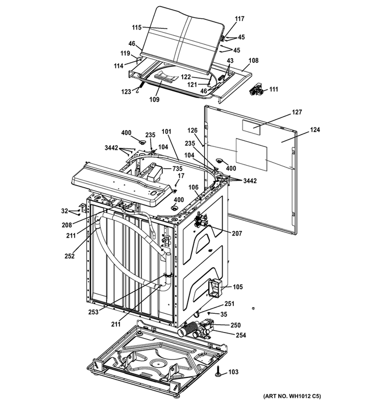Cabinet Diagram and Parts List for GTUP240GM4WW  General Electric Washer Dryer Combo