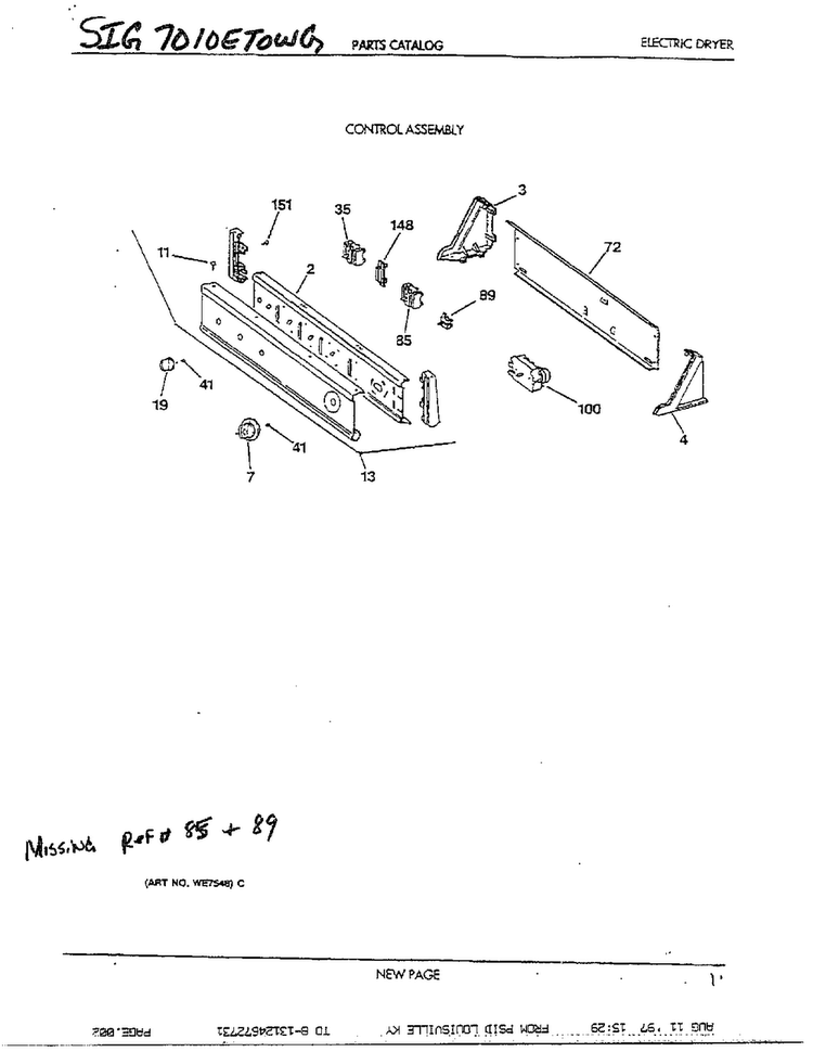 Electric Dryer Diagram and Parts List for SIG7010ET0WG  General Electric Dryer