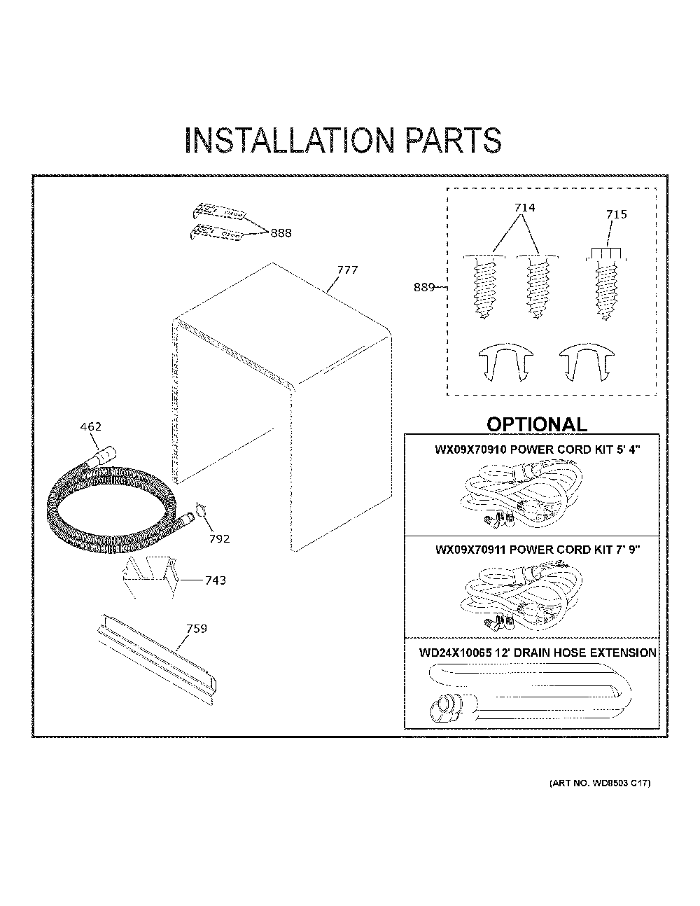 Installation Parts Diagram and Parts List for GDT550PGR0WW  General Electric Dishwasher