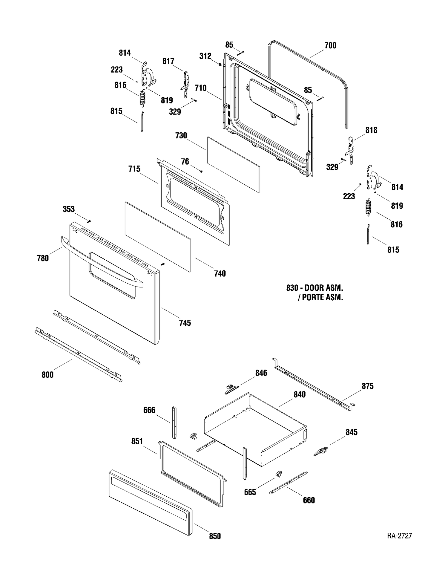 DOOR & DRAWER Diagram and Parts List for MCBS524J2WW  General Electric Range