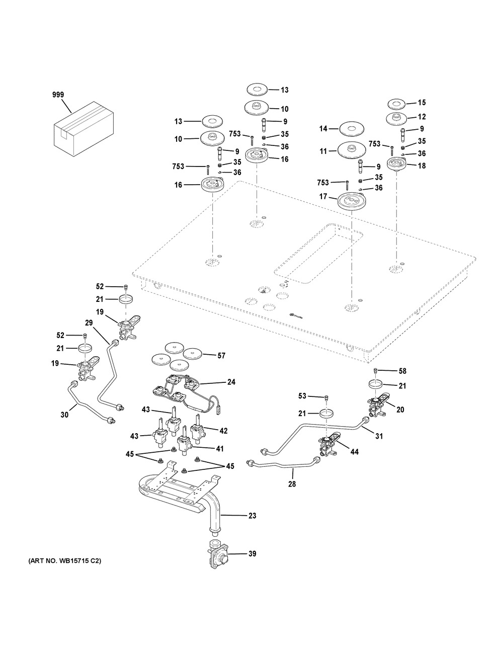Gas And Burner Parts Diagram and Parts List for PGP9830SR1SS  General Electric Cooktop