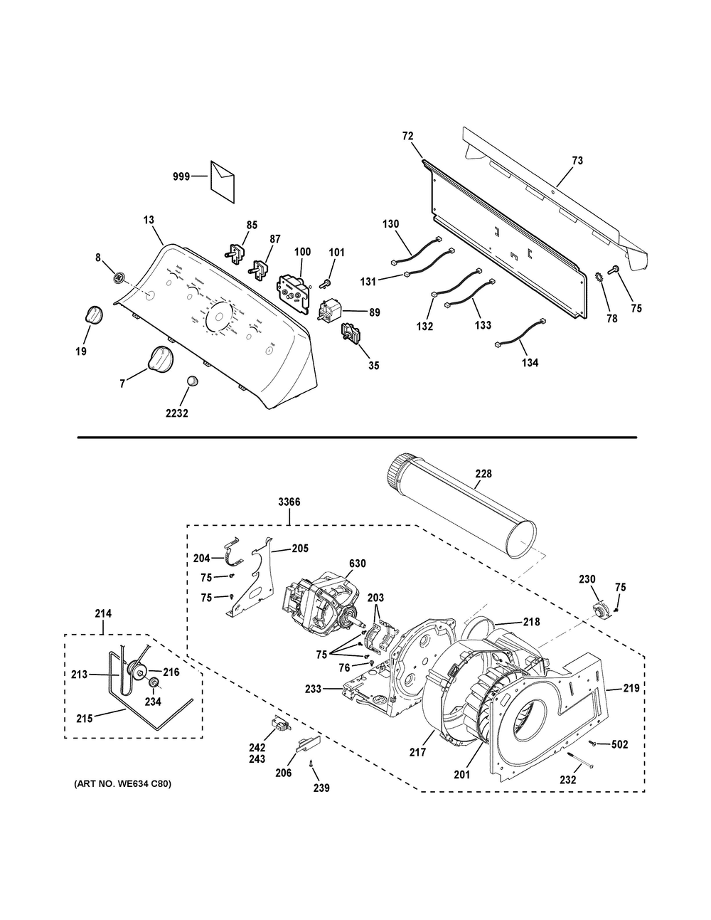Backsplash, Blower And Motor Assembly Diagram and Parts List for GTD48EASW0WB  General Electric Dryer