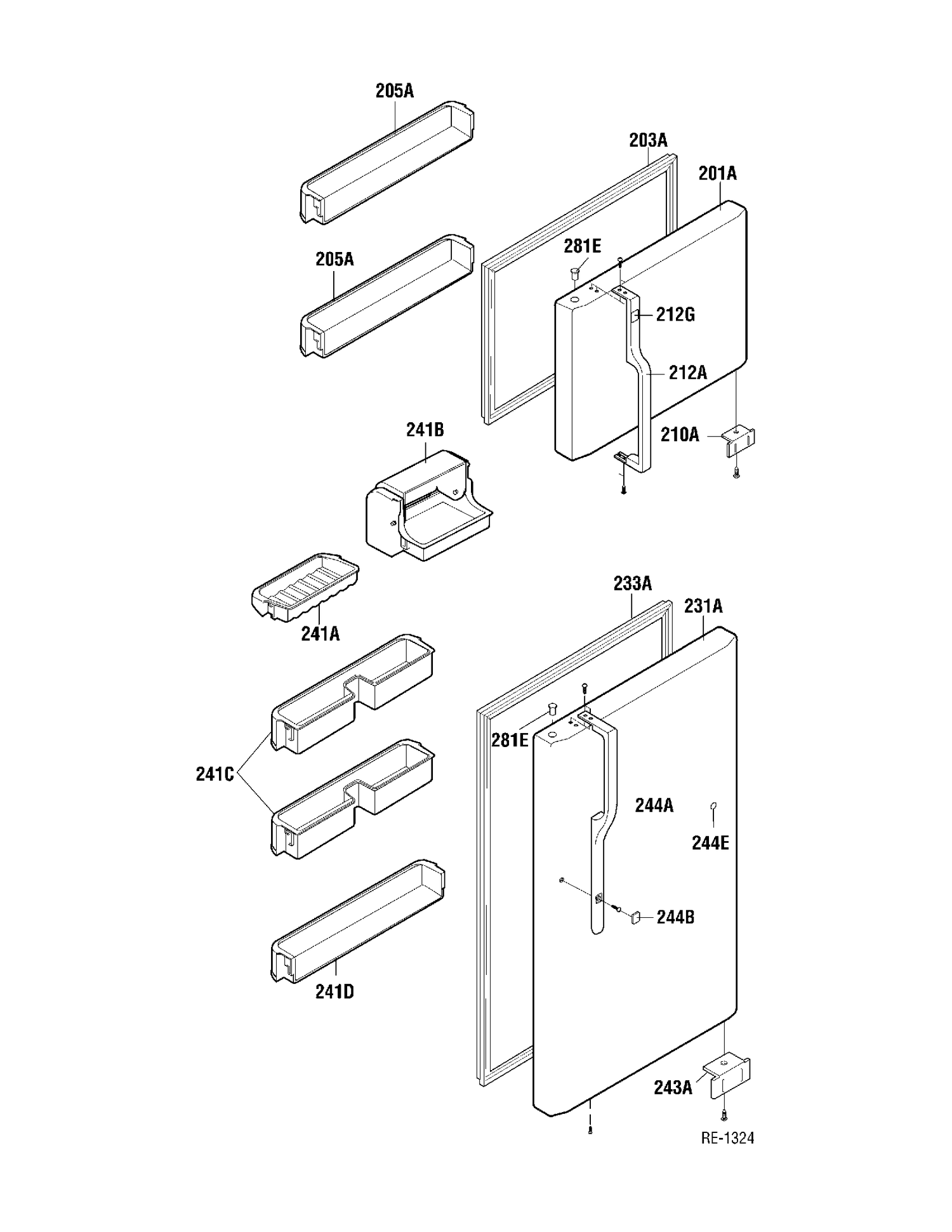 DOORS Diagram and Parts List for GTA18KBNWW  General Electric Refrigerator