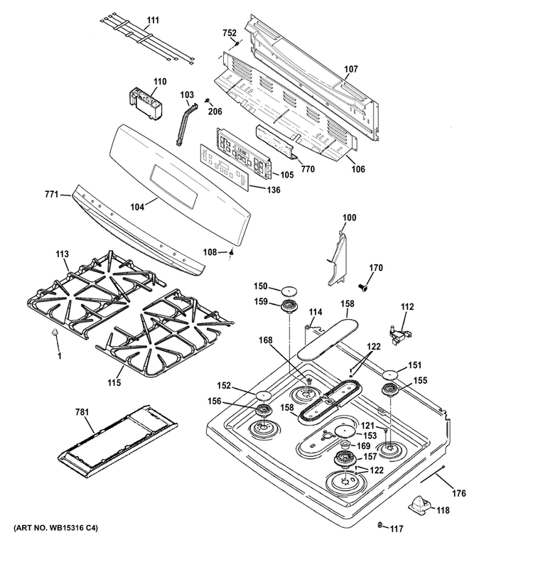 Control Panel & Cooktop Diagram and Parts List for JGB697EEH1ES  General Electric Range