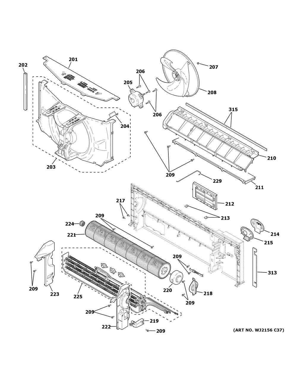 Motor & Chassis Parts Diagram and Parts List for AZ45E09DACW5  General Electric Air Conditioner