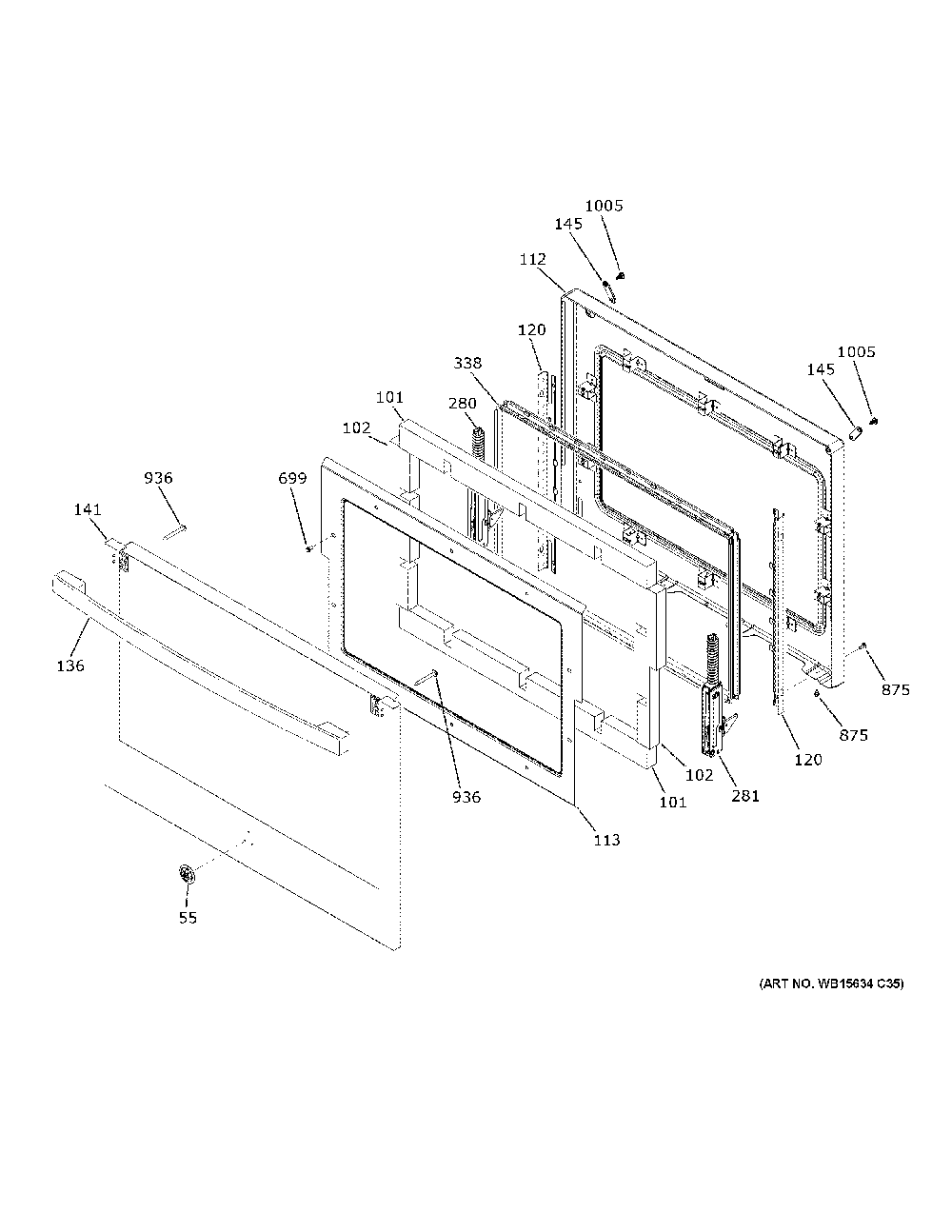 Lower Door Diagram and Parts List for JTD3000DN3WW  General Electric Wall Oven