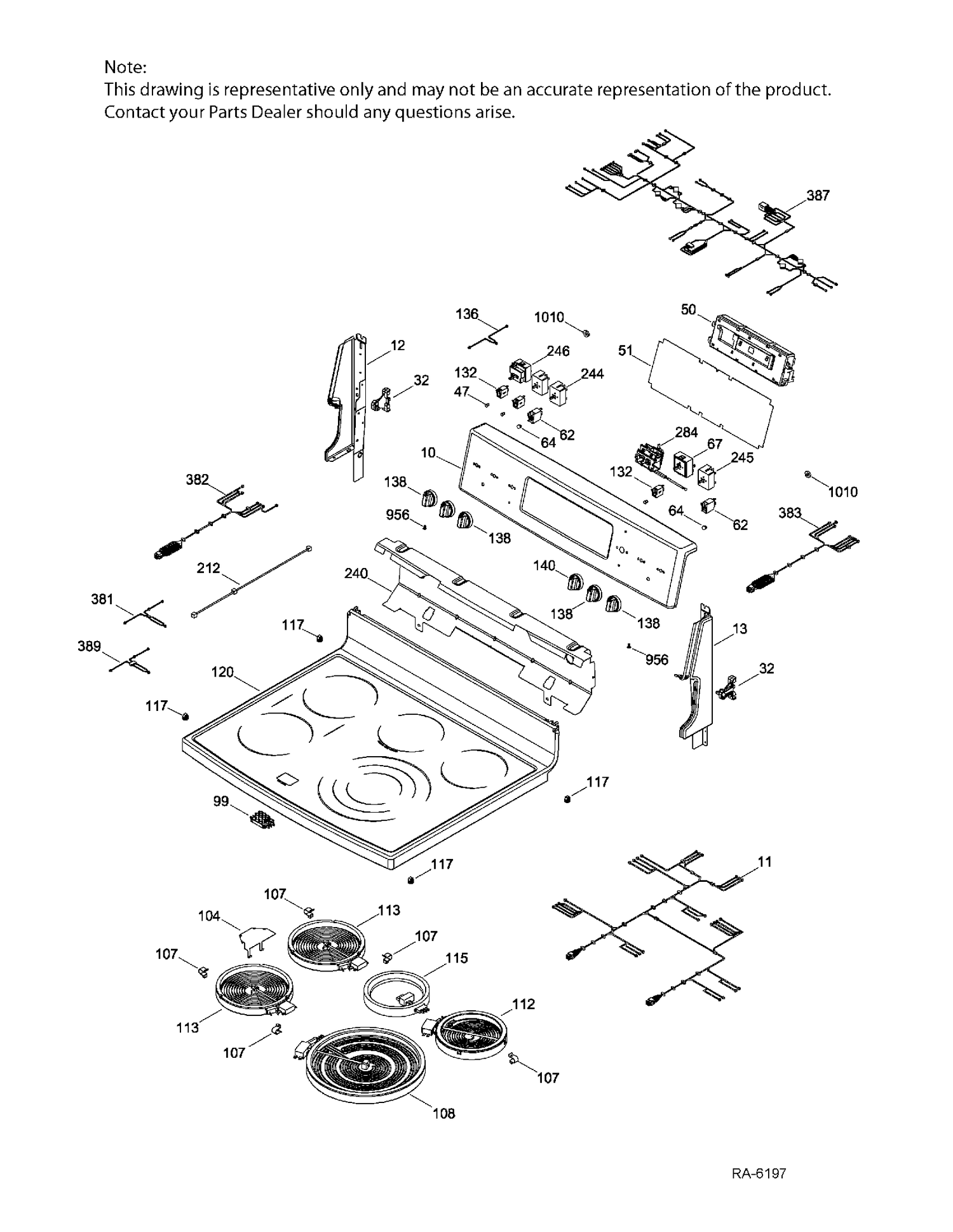 CONTROL PANEL & COOKTOP Diagram and Parts List for PCB985DK1WW  General Electric Range
