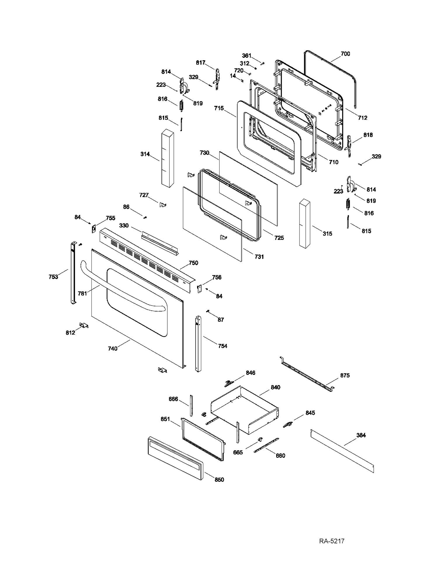 DOOR & DRAWER Diagram and Parts List for JCBP63SK5SS  General Electric Range