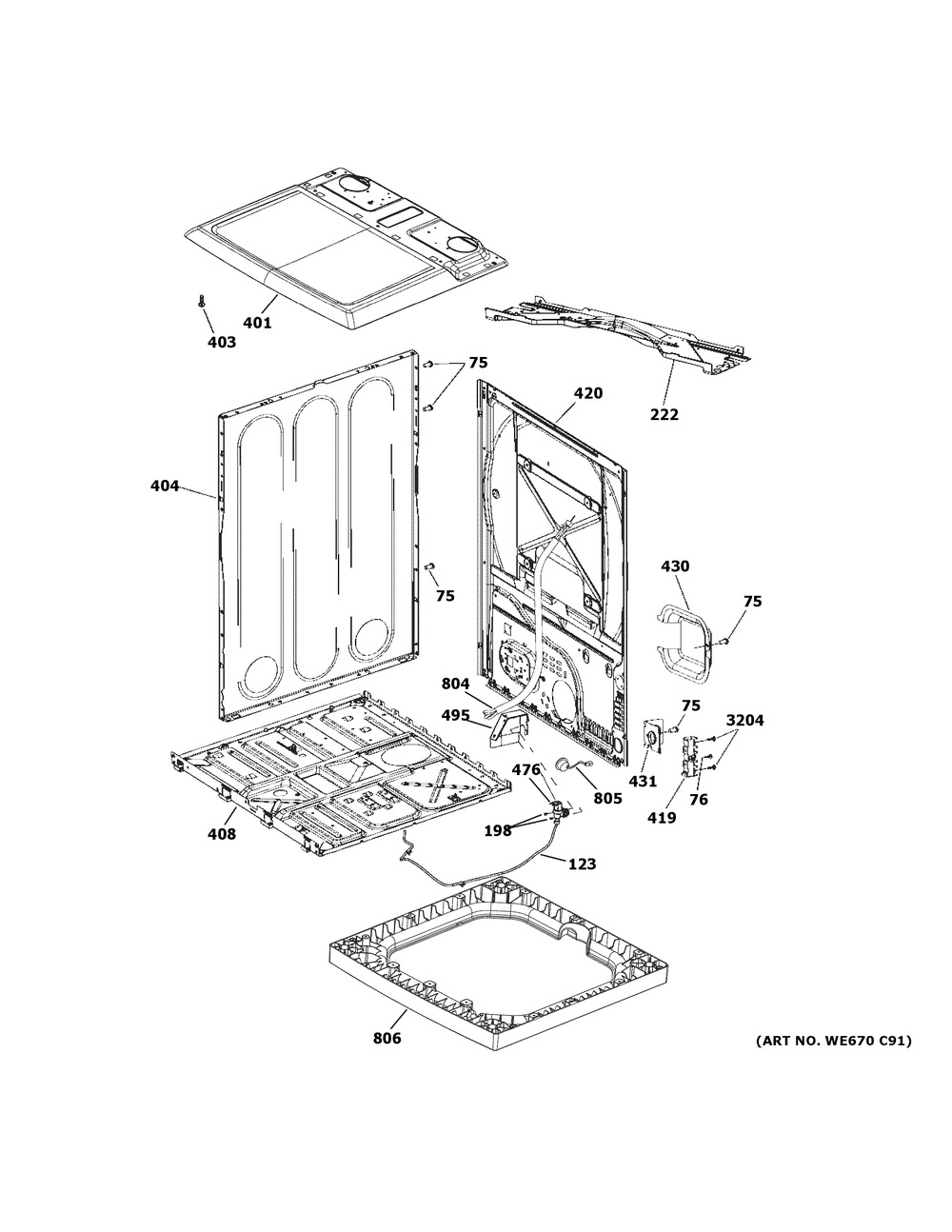 Cabinet & Top Panel Diagram and Parts List for GTD75ECSL1WS  General Electric Dryer