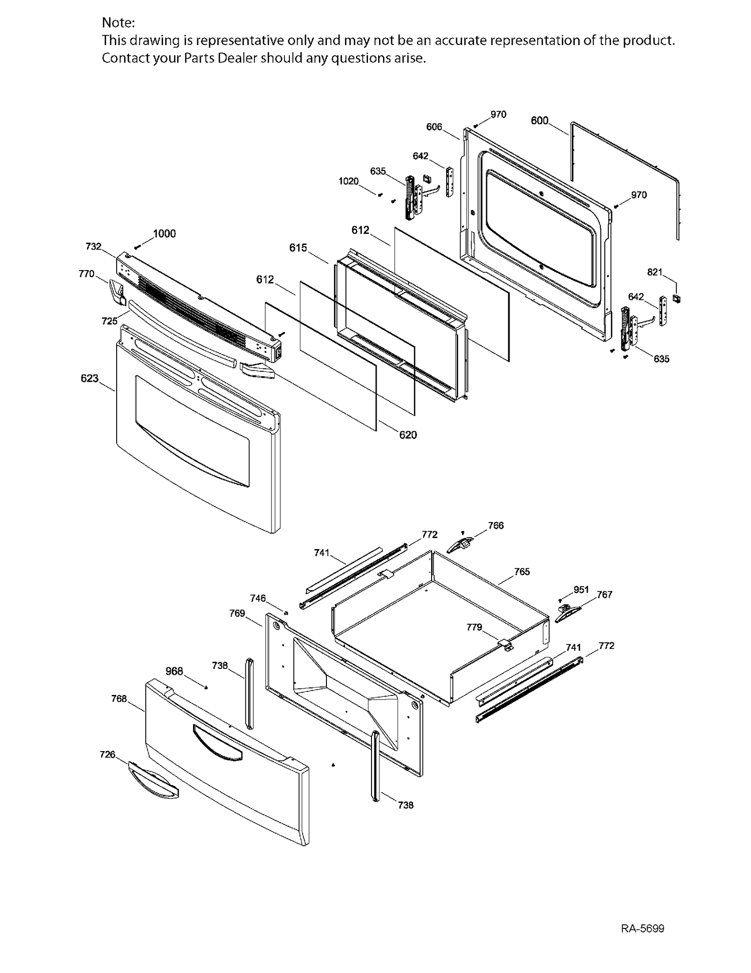 DOOR & DRAWER Diagram and Parts List for JCAS724H1WW  General Electric Range
